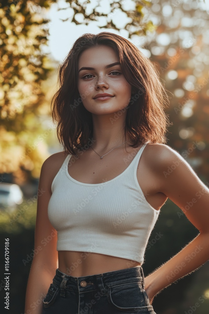 Young woman in white crop top portrait amidst autumn leaves Young woman in white crop top portrait amidst autumn leaves