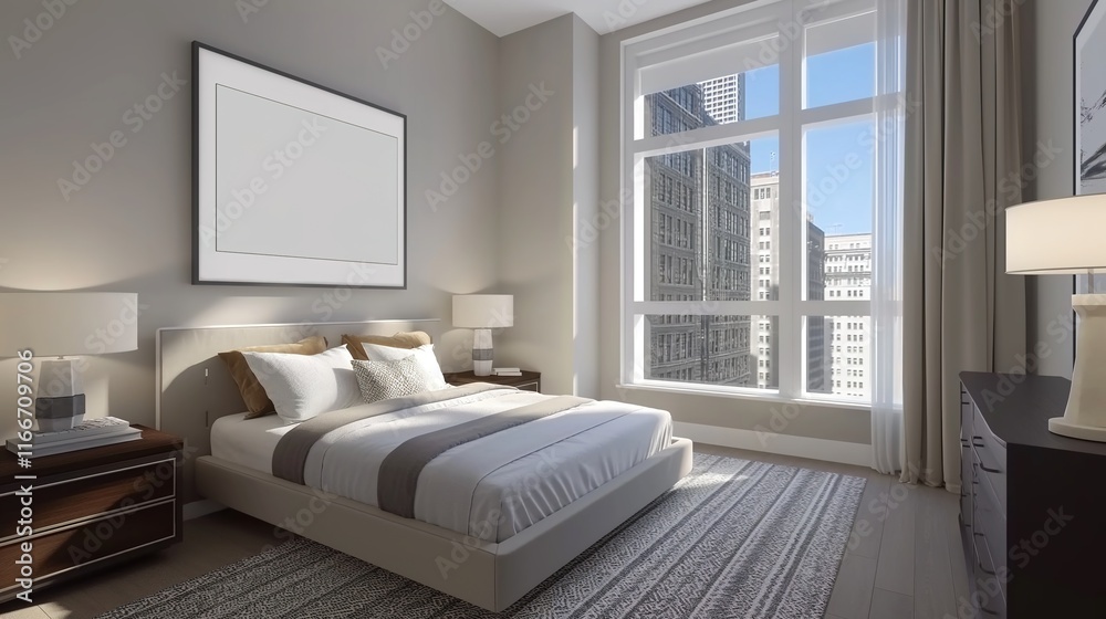 Fototapeta premium Contemporary Sparse Bedroom with Artistic Wall Frame and Sunlit Ambiance. A Serene Space for Art Display and Relaxation