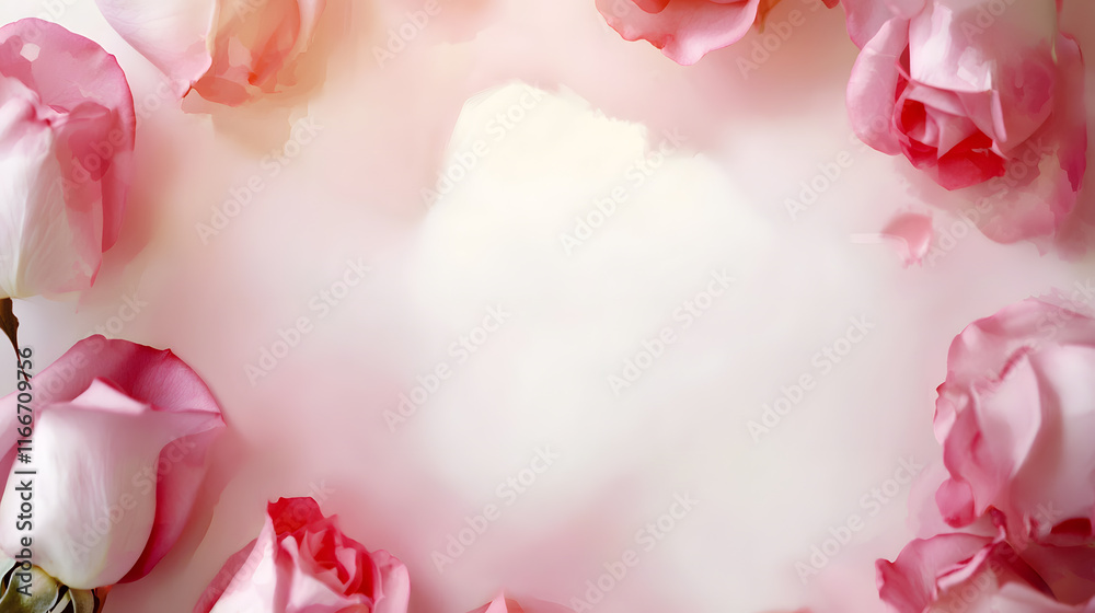 Fototapeta premium Soft pink roses arranged in circular pattern on light background create romantic and elegant atmosphere, perfect for Valentine Day or special occasions