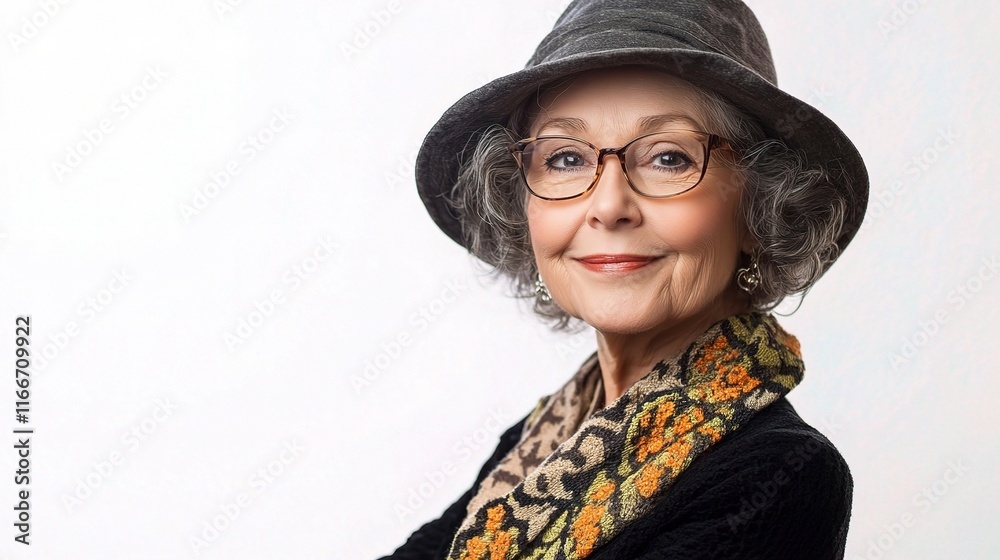 Elegant Senior Woman Smiling Confidently in Stylish Hat and Scarf Elegant Senior Woman Smiling Confidently in Stylish Hat and Scarf