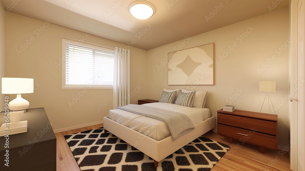 Fototapeta premium Contemporary Sparse Bedroom with Artistic Wall Frame and Sunlit Ambiance. A Serene Space for Art Display and Relaxation