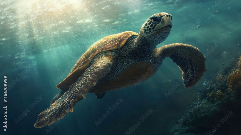 Obraz premium Graceful Turtle Gliding Through Marine Habitat