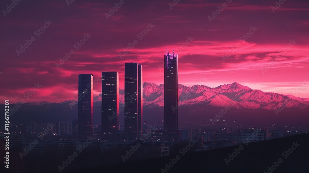 Fototapeta premium Stunning View of Cuatro Torres in Madrid at Dusk with Mountains