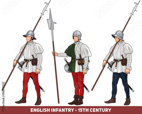 Set of Three European Late Medieval Infantrymen with Various Weapons, Illustration Isolated on Transparent Background, EPS 10 Vector
