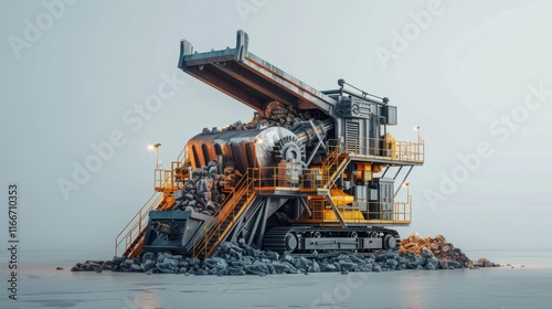 Massive yellow earthmoving excavator machine at an open pit mining site in a rugged mountainous landscape  The powerful mining equipment is extracting and processing minerals rocks