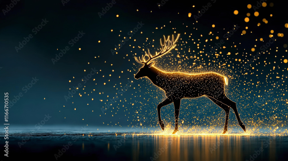 Magical glowing deer with golden sparkles walking gracefully in a surreal forest setting, creating a mesmerizing mystical atmosphere. Magical glowing deer with golden sparkles walking gracefully in a surreal forest setting, creating a mesmerizing mystical atmosphere.