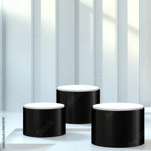 Minimalist black cylindrical display stands on white background