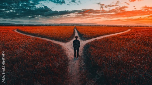 Man facing three paths at sunset.