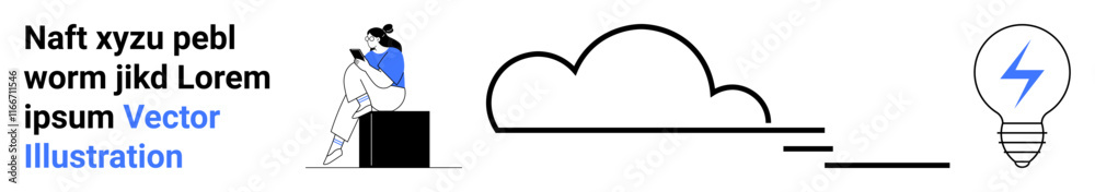 Relaxed person reading, cloud with steps, and electrified bulb. Ideal for innovation, creativity, technology, learning, brainstorming cloud computing energy. Landing page Relaxed person reading, cloud with steps, and electrified bulb. Ideal for innovation, creativity, technology, learning, brainstorming cloud computing energy. Landing page