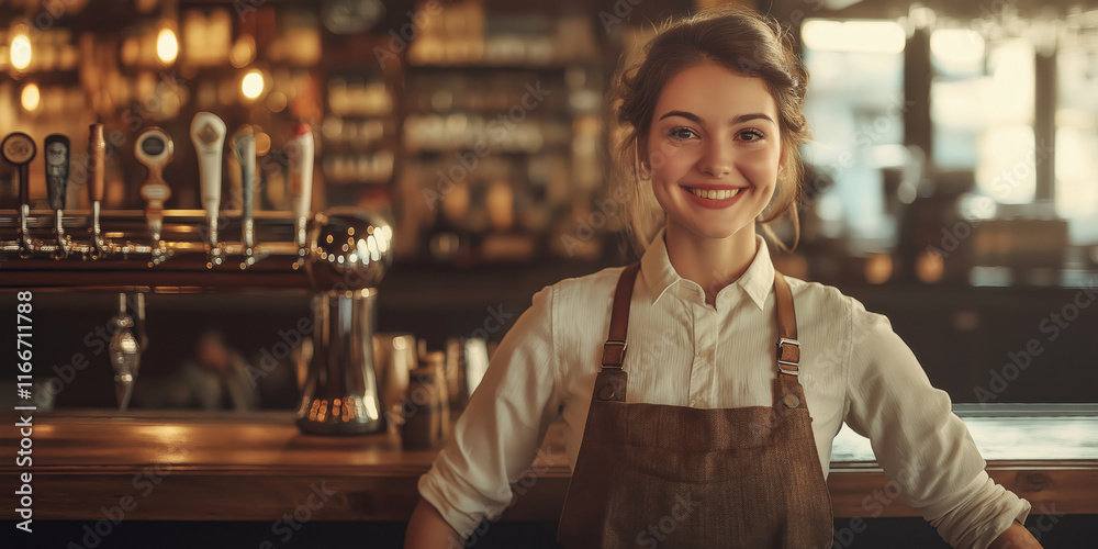 Fototapeta premium A beautiful, young European female bartender stands behind the bar in a cozy bar and smiles to the right. Advertising banner for a bar.