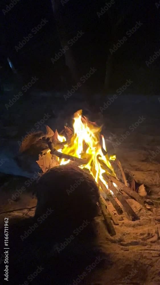 Nighttime Beach Bonfire: A Glowing Embers Dance on Sandy Shores Under Starlit Sky Nighttime Beach Bonfire: A Glowing Embers Dance on Sandy Shores Under Starlit Sky