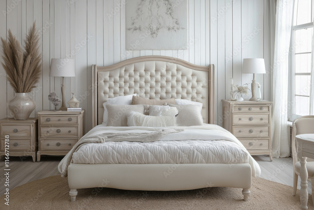 Cozy bedroom with a large double bed and bedside tables. Modern design in light beige tones, decorative elements.