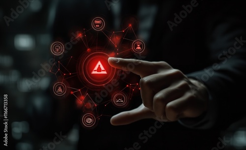 A Businessman's Hand Touching a Red Warning Icon Surrounded By Tech Elements

 photo