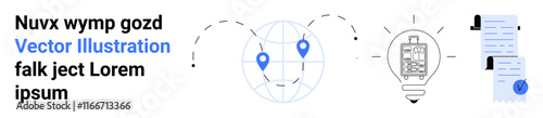 Globe with location pins, lightbulb with mobile app, and document checklist with checkmark. Ideal for tech presentations, business strategies, innovation topics, global connectivity, startup pitches