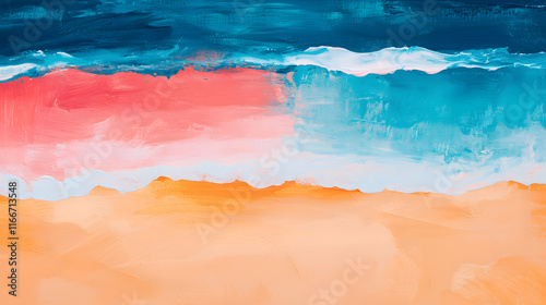 vibrant abstract tropical beach scene featuring bold colors of pink, blue, and orange, evoking sense of tranquility and warmth