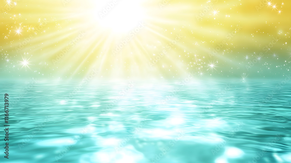 Bright yellow sun rays illuminate turquoise sea, creating serene and magical atmosphere. sparkling water reflects sunlight beautifully, enhancing tranquil scene Bright yellow sun rays illuminate turquoise sea, creating serene and magical atmosphere. sparkling water reflects sunlight beautifully, enhancing tranquil scene