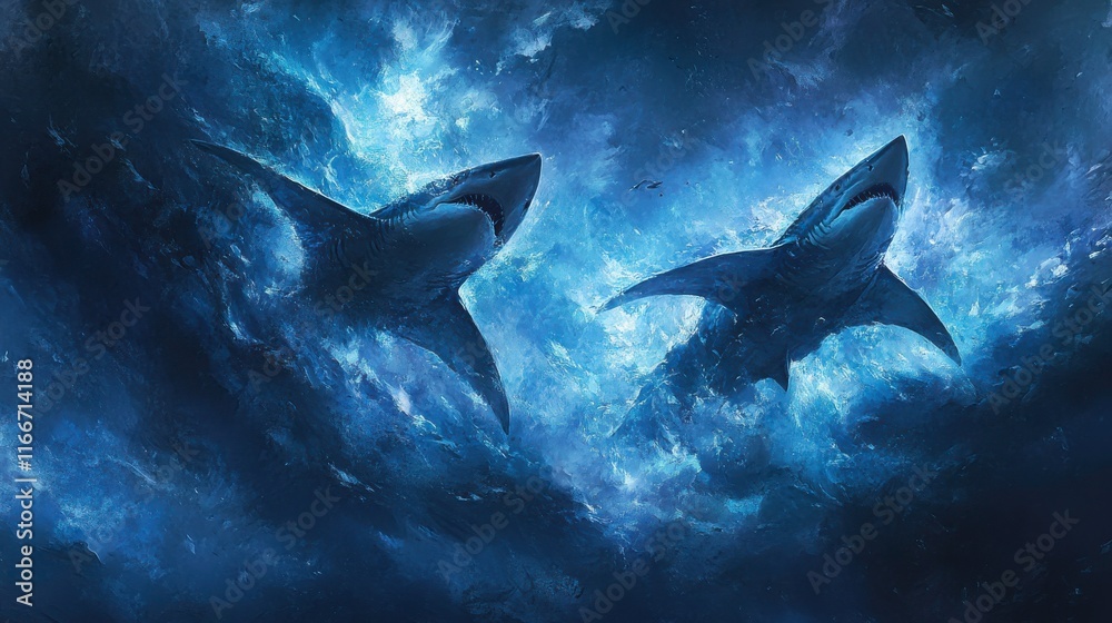 Fototapeta premium Sharks Gliding Gracefully in Dramatic Ocean Setting