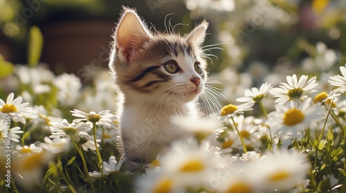 Kitten in daisy field