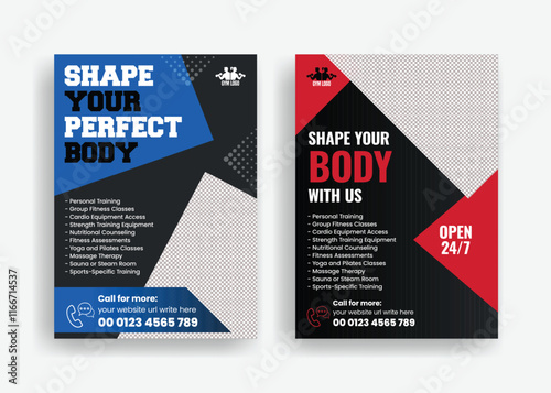 Modern gym fitness workout flyer template design suitable for brochure cover or poster design with yellow, red ,black, blue color