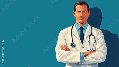 Confident male doctor standing with folded arms on blue background.
