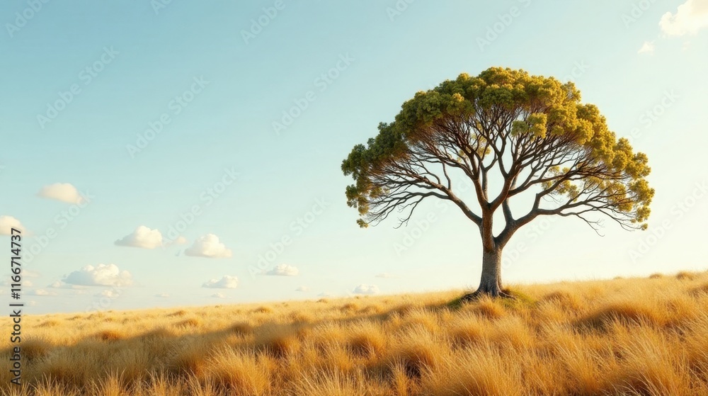 Obraz premium Solitary Tree in a Golden Meadow Under a Pale Sky