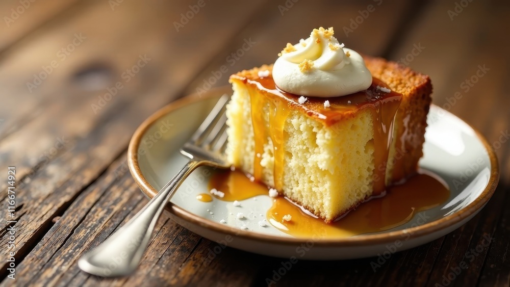 A delectable piece of golden-brown cake, generously drizzled with rich caramel sauce and topped with a dollop of fluffy whipped cream, served on a rustic plate with a fork. A delectable piece of golden-brown cake, generously drizzled with rich caramel sauce and topped with a dollop of fluffy whipped cream, served on a rustic plate with a fork.