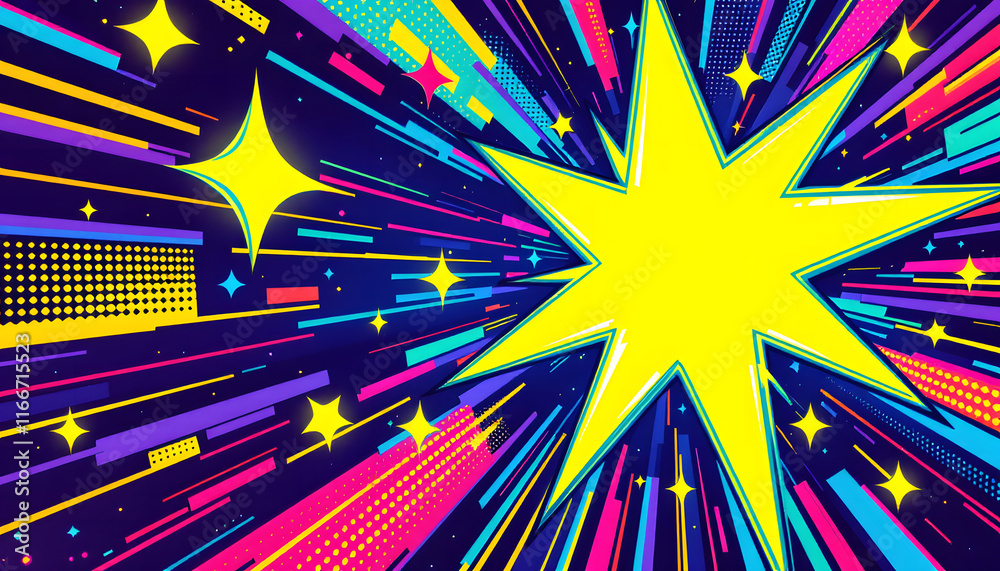 Fototapeta premium Pop Art Starburst and Clouds Background, Comic Book Style Explosion Illustration, Vibrant Pop Art Design with Halftone Dots