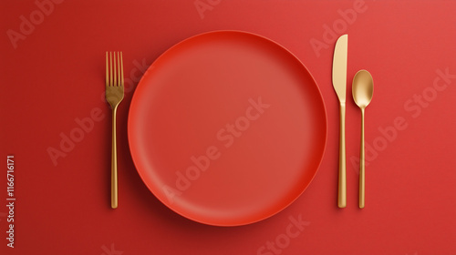 A red plate with a fork, knife and spoon on a red background