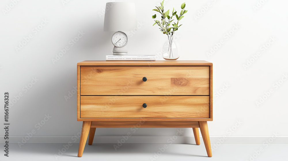 Mid-century modern wooden nightstand with drawers, elegant lamp, and stylish decor enhances bedroom decor with functional storage solution.