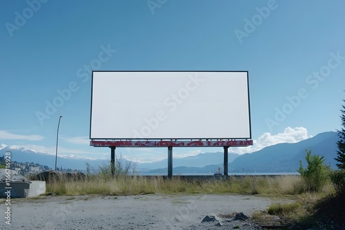 Blank billboard mockup on roadside near mountains. photo