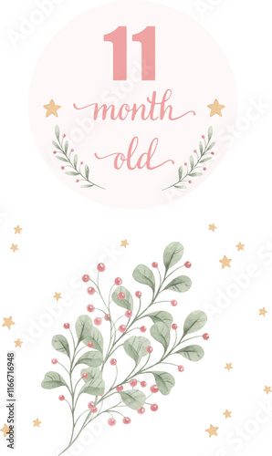 Watercolor composition with cartoon branches and berries and stars for photo shoots for newbon girls. Vector monthly card for baby.