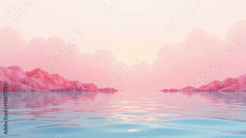 Serene Pink Landscape Pastel Clouds Reflecting on Calm Water with Softly Shaped Hills