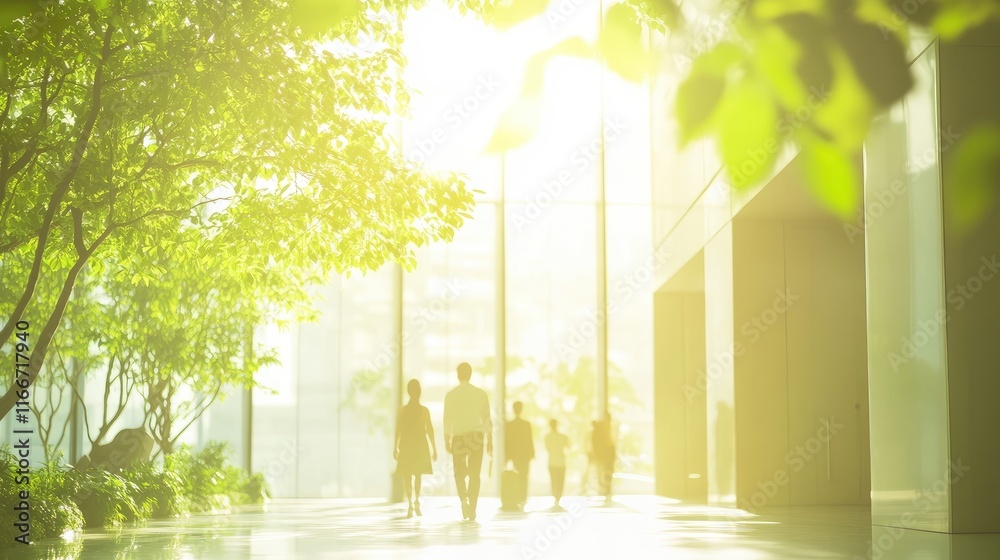 Obraz premium Blurred background of people walking in modern office building with green trees and sunlight.