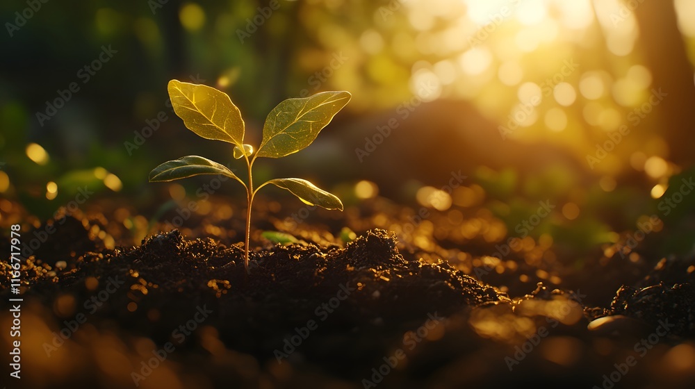 A fresh sprout in the soil illuminated by warm sunlight, soft natural light gently touching the young plant's leaves and the soil A fresh sprout in the soil illuminated by warm sunlight, soft natural light gently touching the young plant's leaves and the soil