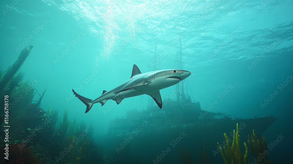 Explore the mysterious depths with a shark gliding past a sunken ship, showcasing marine life and underwater adventure. Explore the mysterious depths with a shark gliding past a sunken ship, showcasing marine life and underwater adventure.