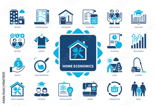 Home Economics icon set. Budgeting, Housework, Interior Design, Apparel, Nutrition, Applied Science, Finance, Family. Duotone color solid icons