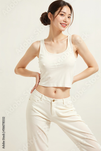 A woman is wearing a white tank top and white pants