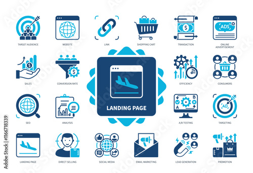 Landing Page icon set. Target Audience, Consumers, Lead Generation, Direct Selling, Website, Link, SEO, Targeting. Duotone color solid icons