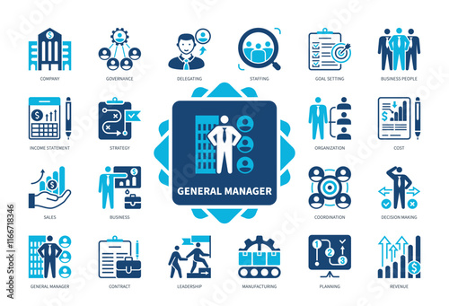 General Manager icon set. Governance, Staffing, Coordination, Planning, Sales, Strategy, Revenue, Goal Setting. Duotone color solid icons