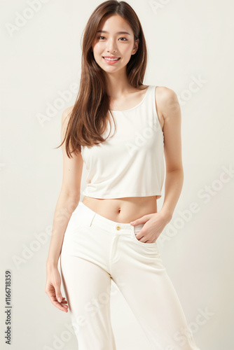 A woman is wearing a white tank top and white pants