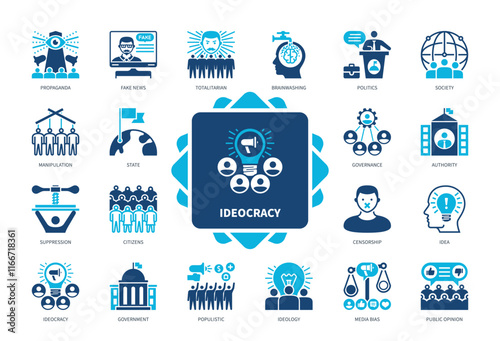 Ideocracy icon set. Totalitarian, Populistic, Idea, Governance, Ideology, Media Bias, Brainwashing, Society. Duotone color solid icons