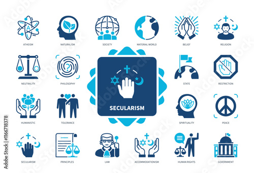 Secularism icon set. Atheism, World, Religion, Tolerance, Accommodationism, Neutrality, Law, Human Rights. Duotone color solid icons photo