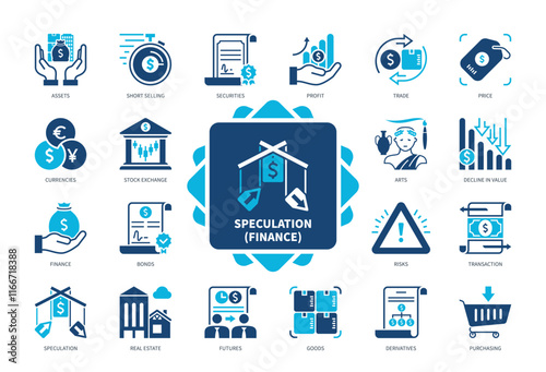 Speculation icon set. Purchasing, Transaction, Arts, Stock Exchange, Short Selling, Price, Securities, Currencies. Duotone color solid icons