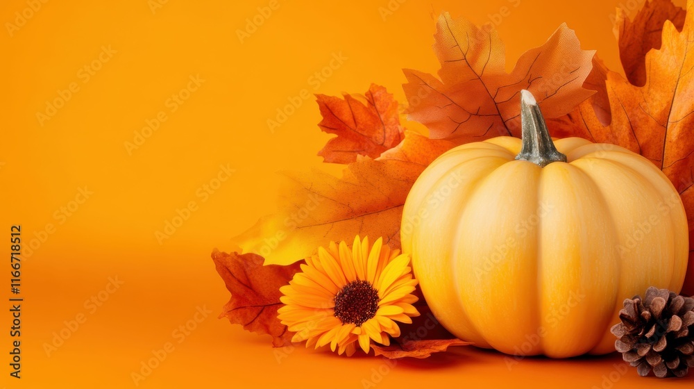 A pumpkin sits on a table with orange leaves and a daisy