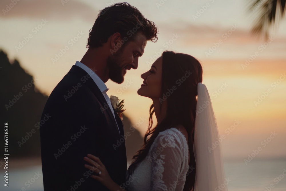 Bride and groom sharing a romantic moment at sunset on a tropical beach Bride and groom sharing a romantic moment at sunset on a tropical beach