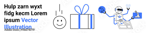 A happy robot multitasking with a blue gift box, happy face emotion, and human interaction elements. Ideal for technology, automation, customer support, user experience, celebrations, AI