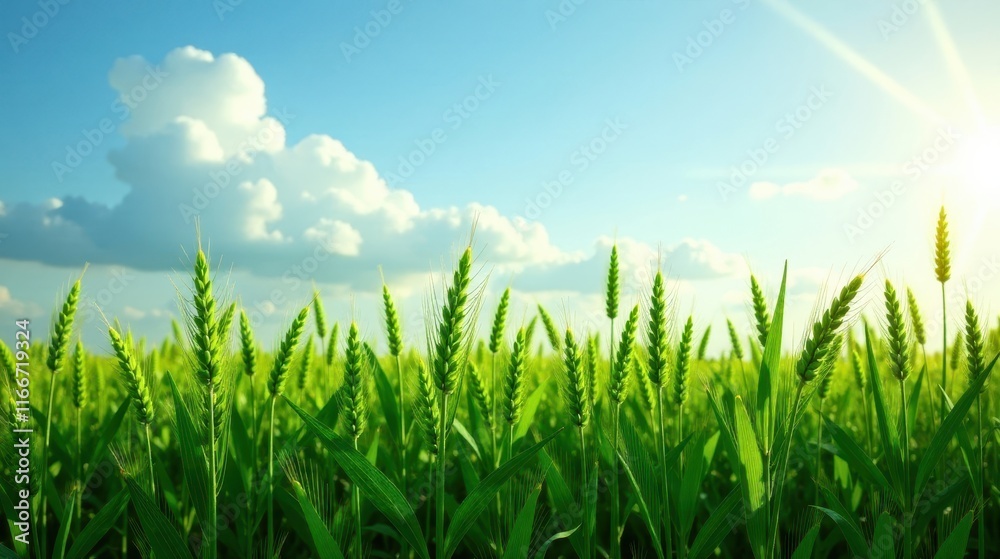 Obraz premium Vibrant Green Wheat Field Basking in Sunlight Under a Partly Cloudy Sky