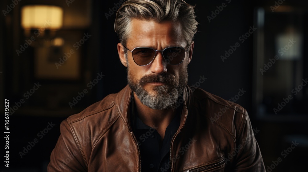 Obraz premium Stylish Man in Brown Leather Jacket and Sunglasses