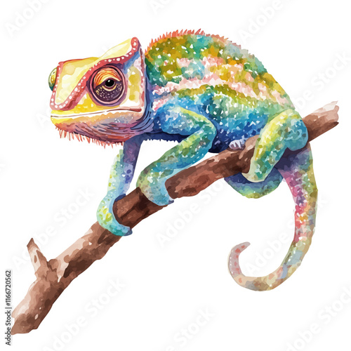 A watercolor vector painting of a chameleon, isolated on a white background. Chameleon vector.

