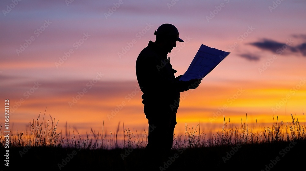 Silhouette of Engineer Inspecting Construction Plans at Sunset Silhouette of Engineer Inspecting Construction Plans at Sunset